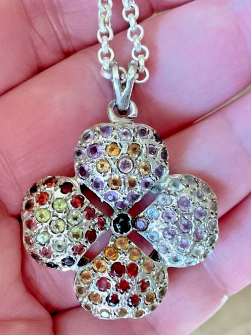NWOT Sterling Silver 925 Floral Multicolor Genuine Stones Necklace with Chain